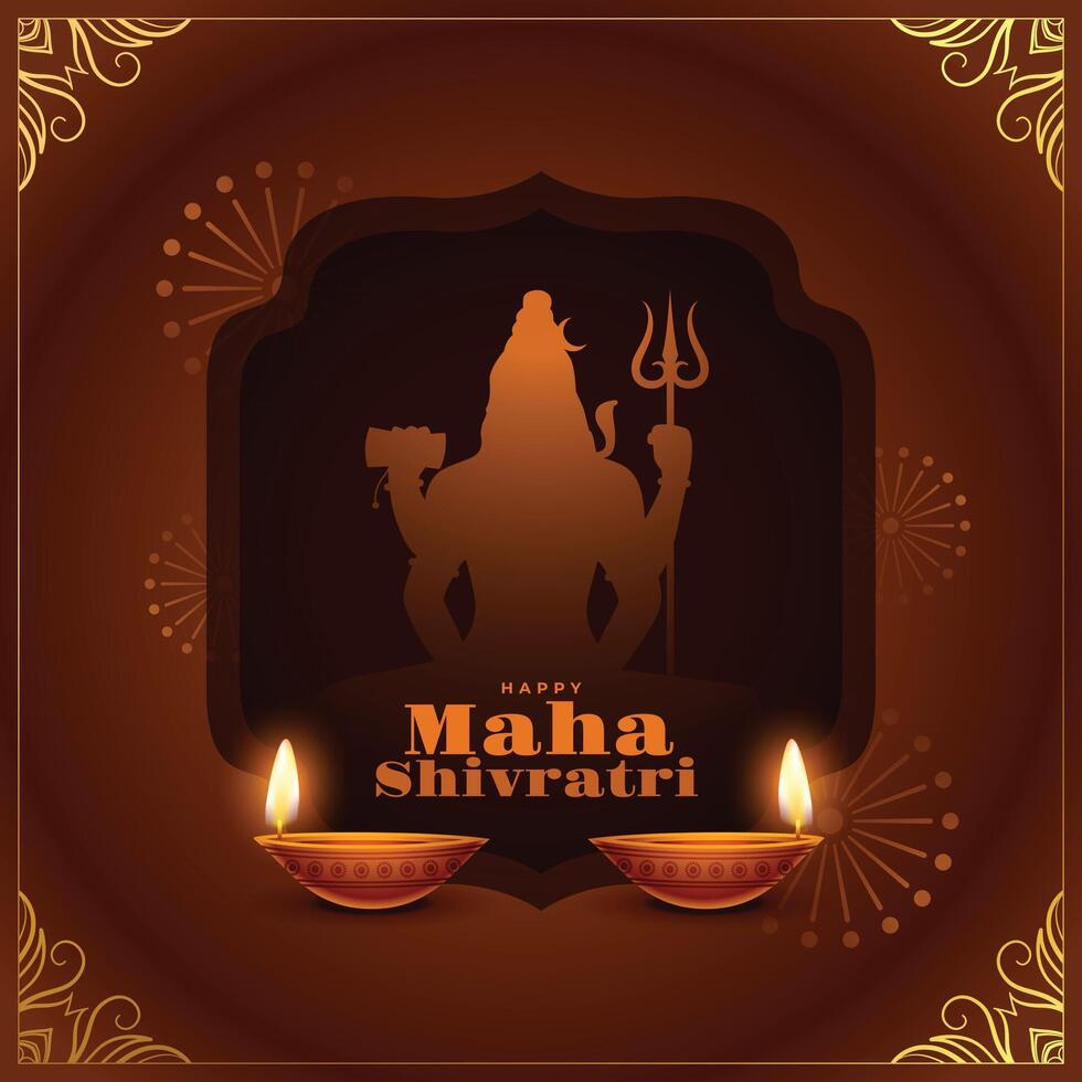 hindou Festival maha shivratri vœux carte avec embrasé diya vecteur