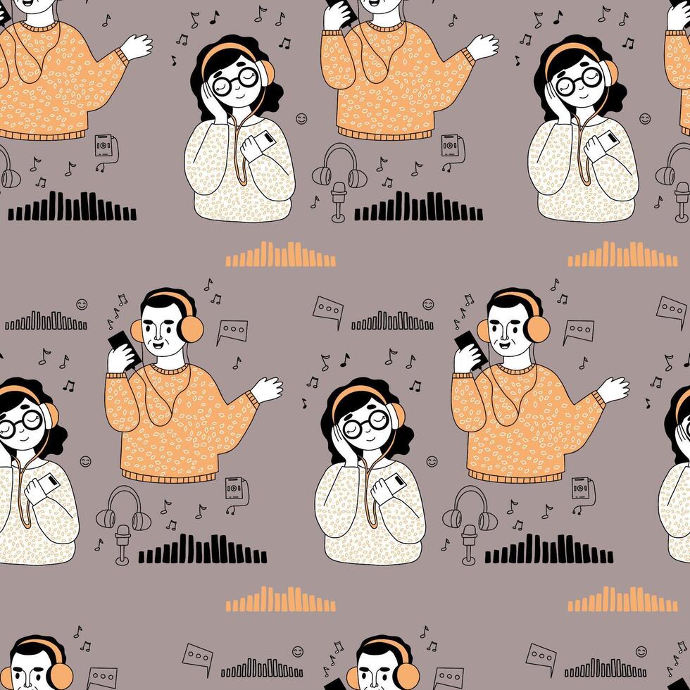 la musique sans couture modèle. mignonne fille et homme dans écouteurs sur gris Contexte. vecteur illustration.