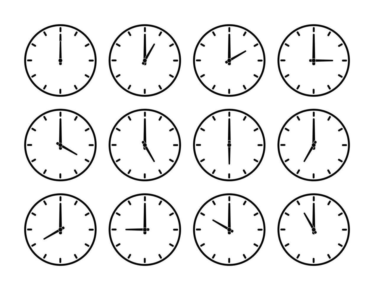 ensemble de rond horloges montrant divers temps. Facile et minimaliste vecteur illustration. le l'horloge spectacles différent temps dans une journée.