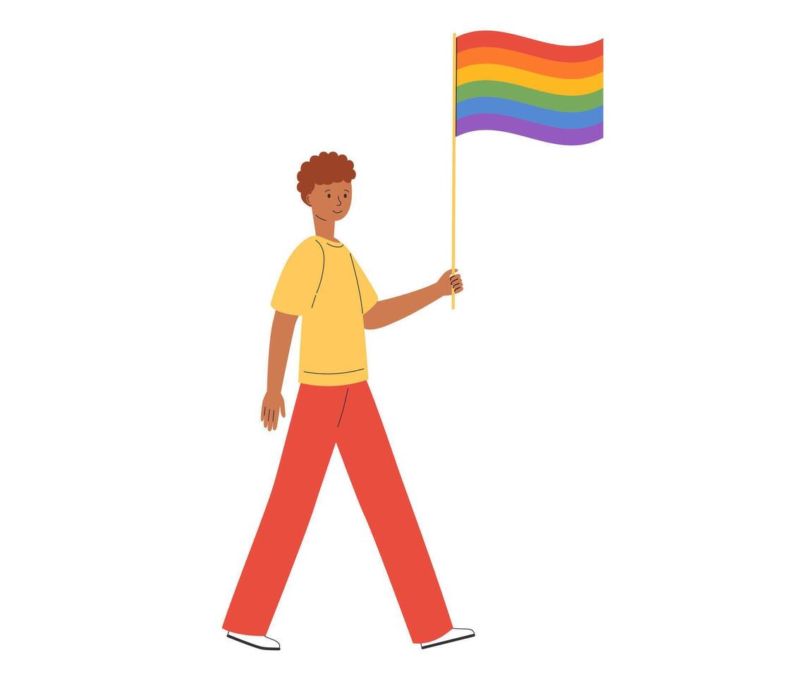 lgbt communauté. homme gay ou bisexuel tenir arc en ciel drapeau. fierté parade. lgbtq fierté mois. vecteur illustration dans plat style