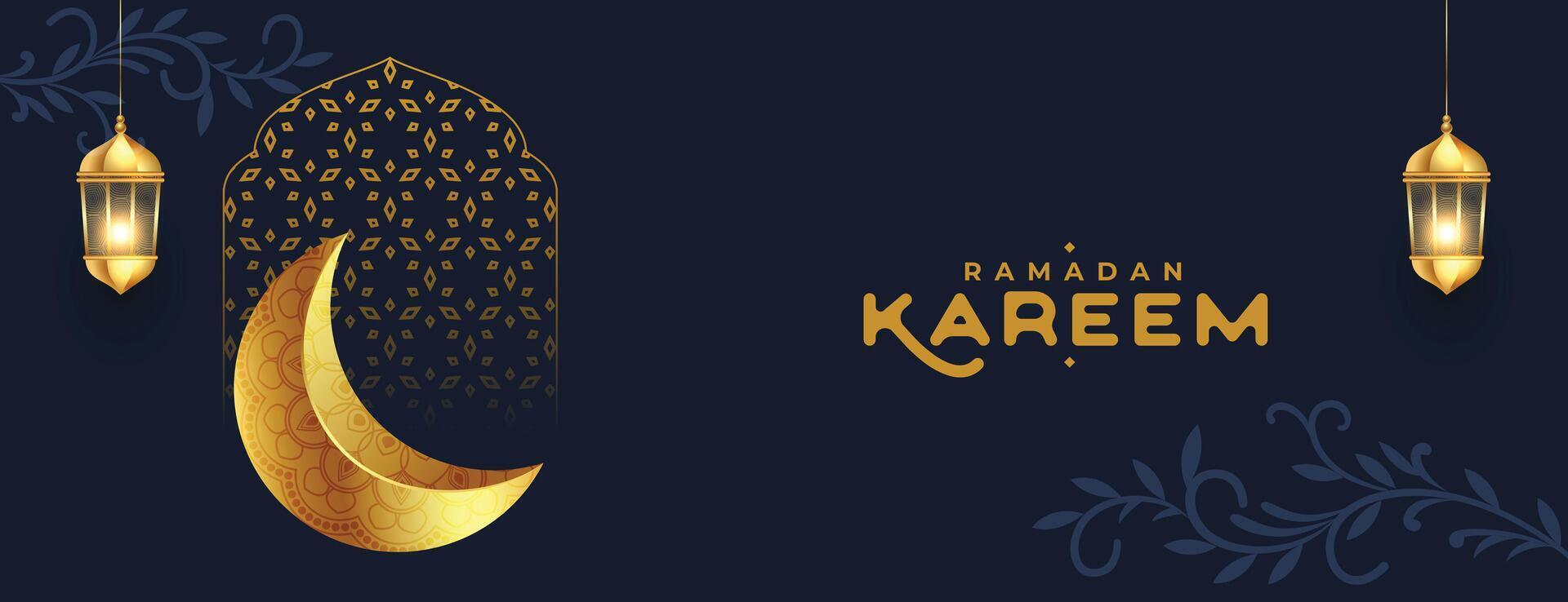 Ramadan kareem d'or lune et lanternes décoratif bannière conception vecteur