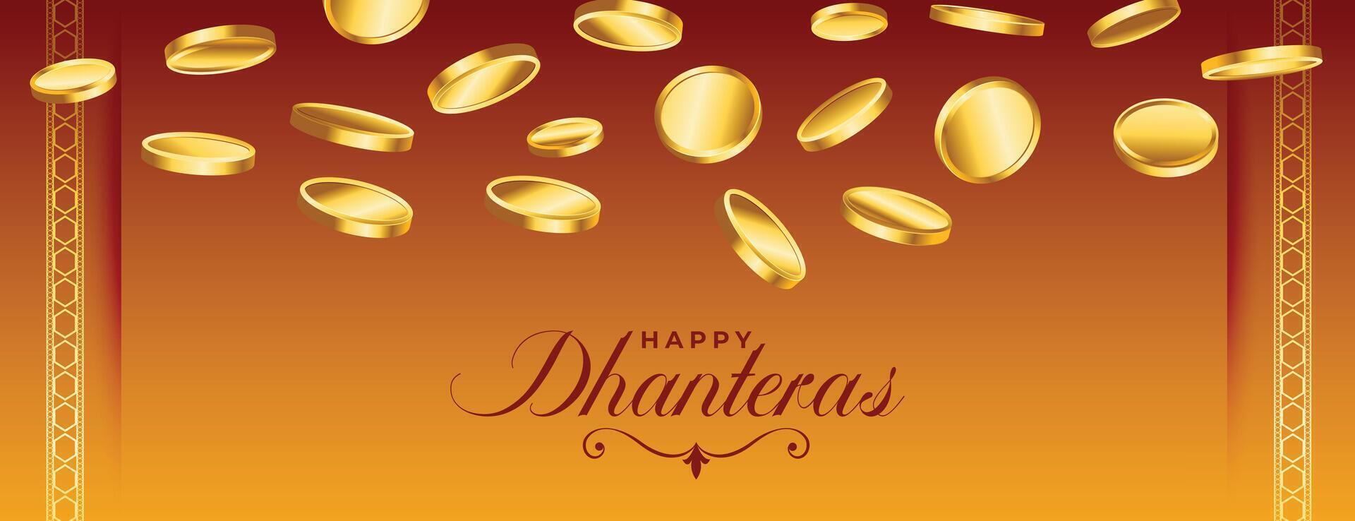 élégant et décoratif content dhanteras vœux bannière avec d'or pièce de monnaie conception vecteur