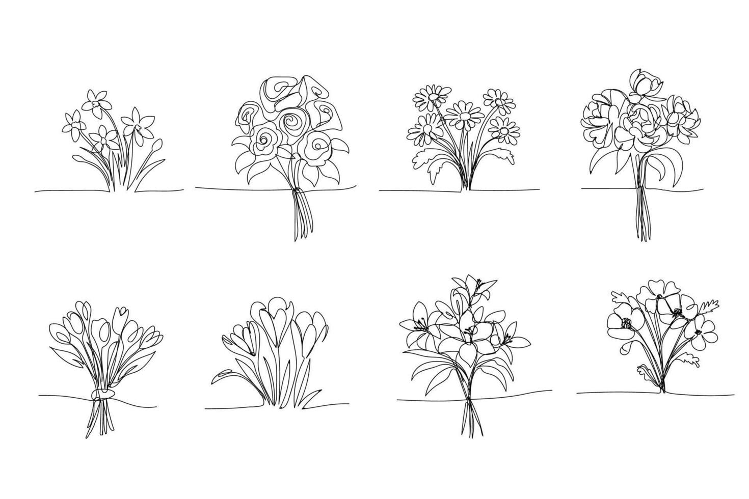 ligne art, bouquet de fleurs, Célibataire ligne dessin. noir doubler, tulipes, jonquilles, des roses. printemps fleurs vecteur