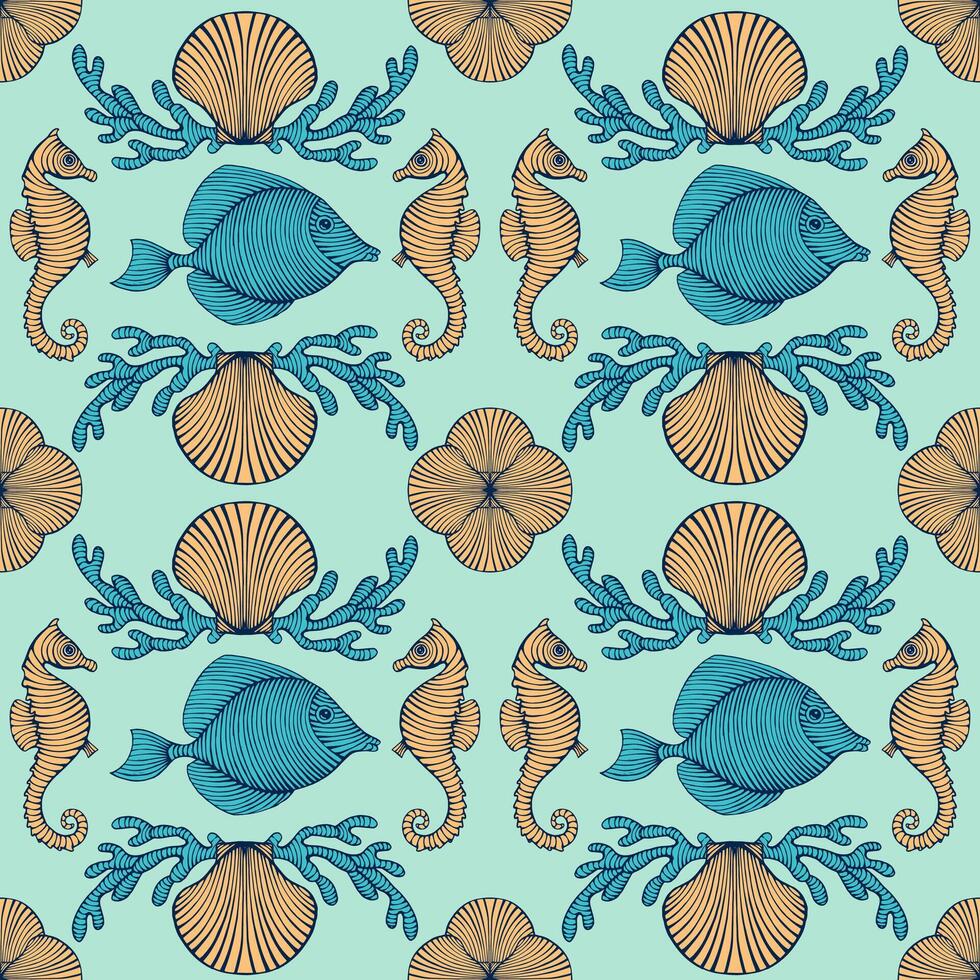 ancien main tiré sans couture modèle avec mer créatures. mer la vie Contexte. décoratif fond d'écran vecteur illustration