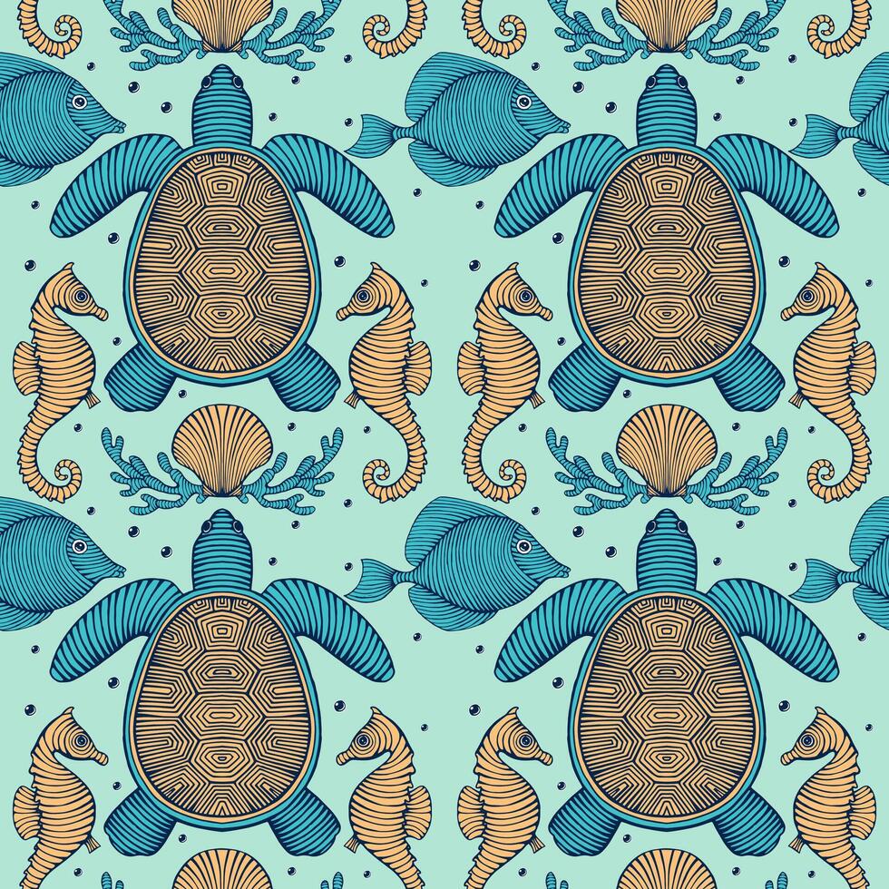 ancien main tiré sans couture modèle avec mer créatures. mer la vie Contexte. décoratif fond d'écran vecteur illustration