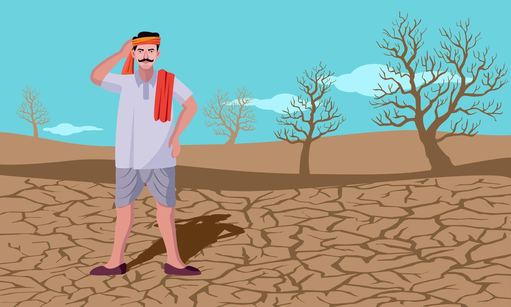 sécheresse conditions Inde, fissuré terre et inquiet Indien agriculteur vecteur