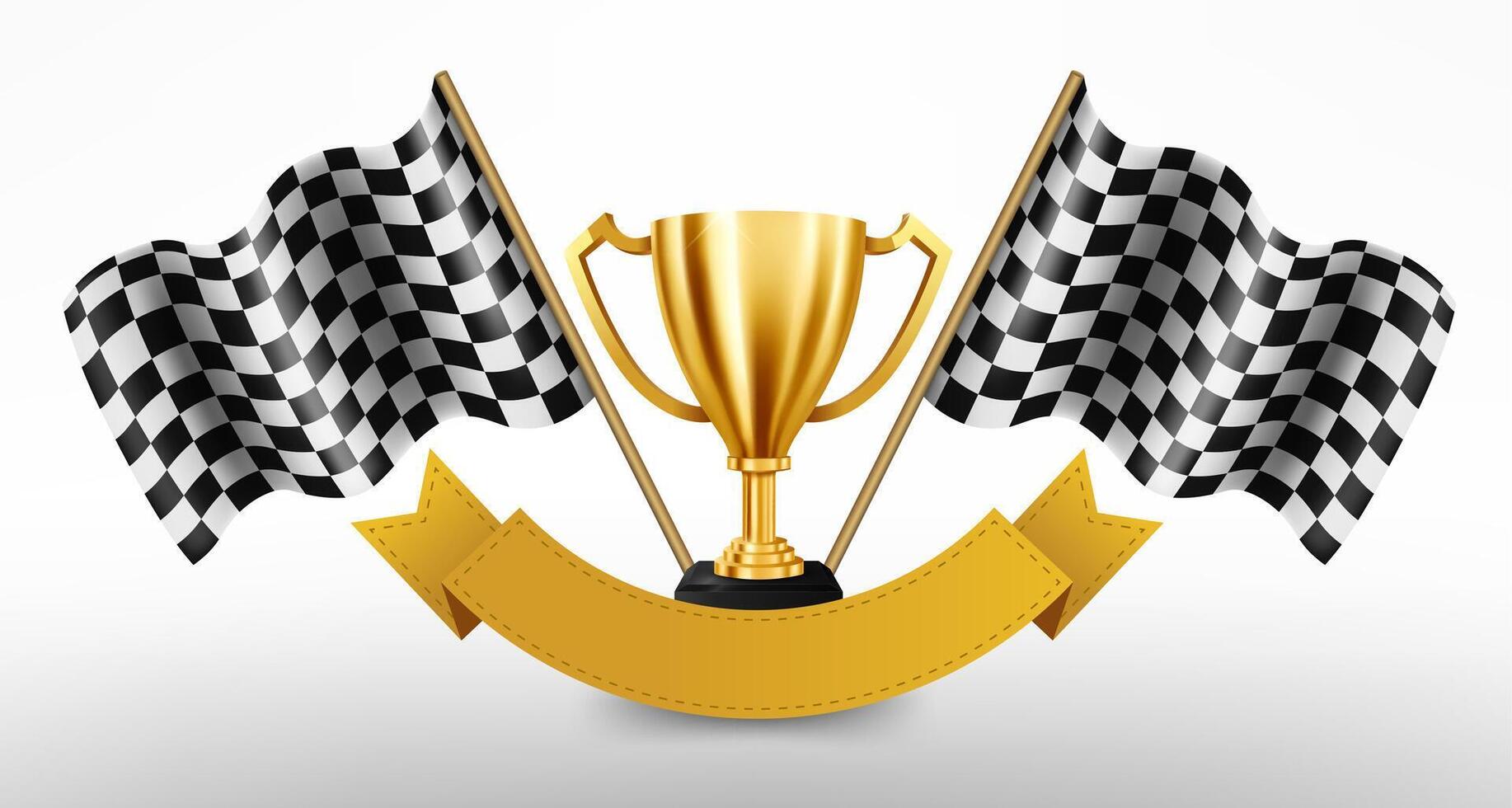 réaliste d'or trophée avec à carreaux drapeau courses championnat arrière-plan, vecteur illustration