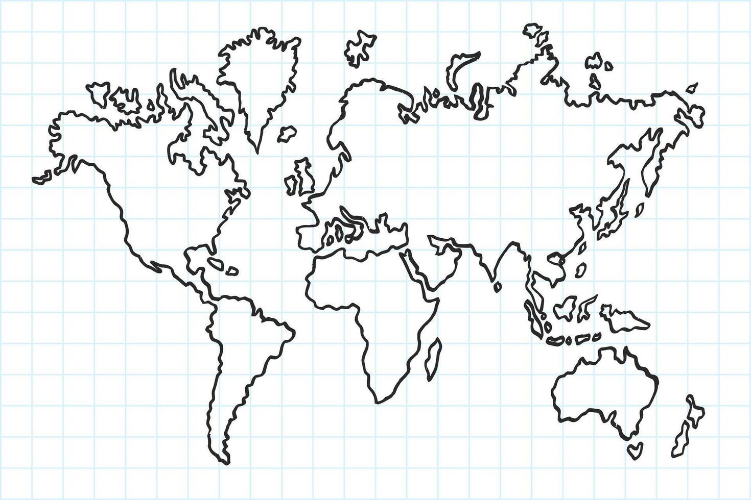 main tiré plat monde carte. isolé et réel stylo esquisser, vecteur illustration