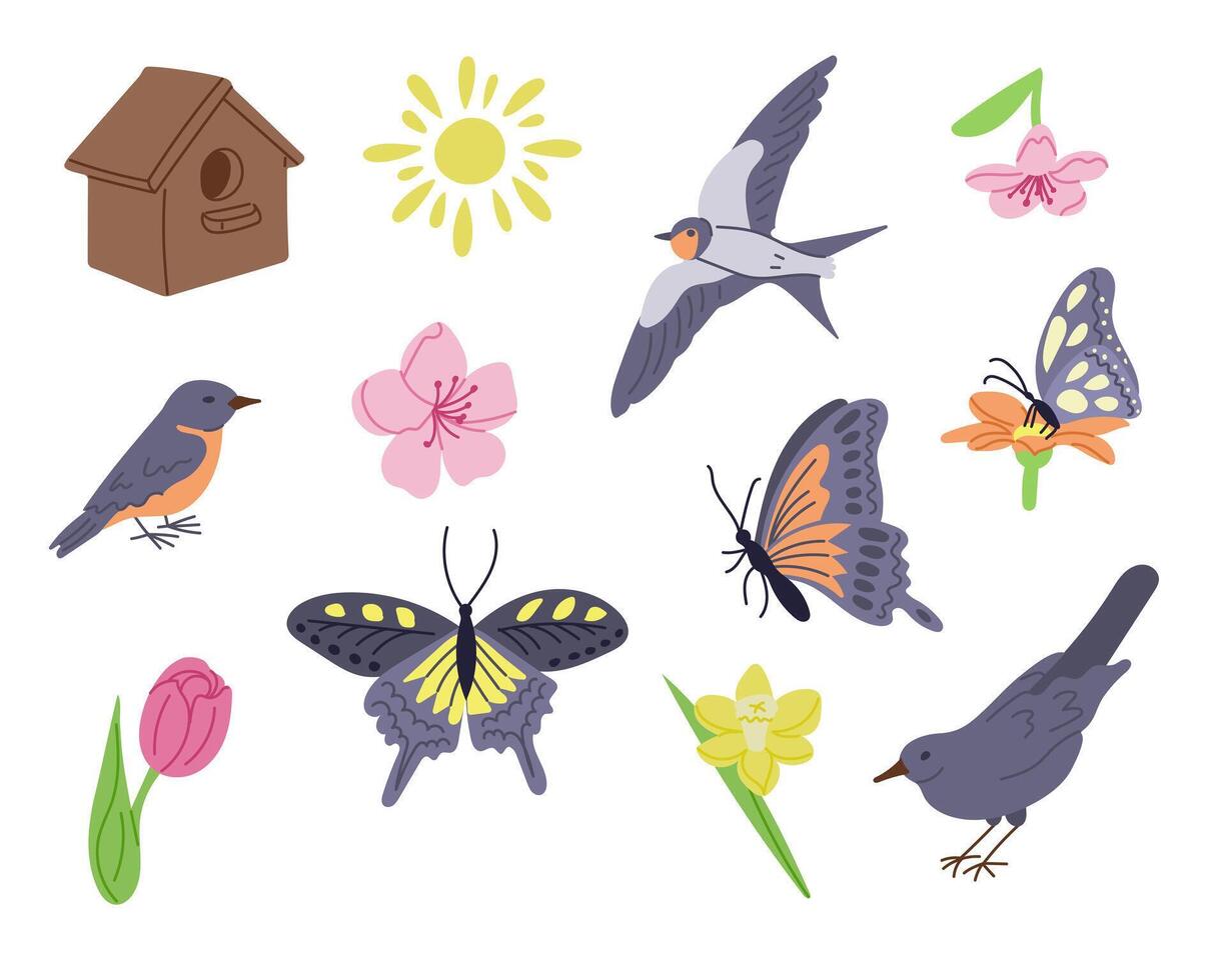 printemps plat collection avec des oiseaux, papillons, fleurs. pour affiche, carte, scrapbooking , autocollants. vague main tiré éléments sur blanc Contexte. vecteur