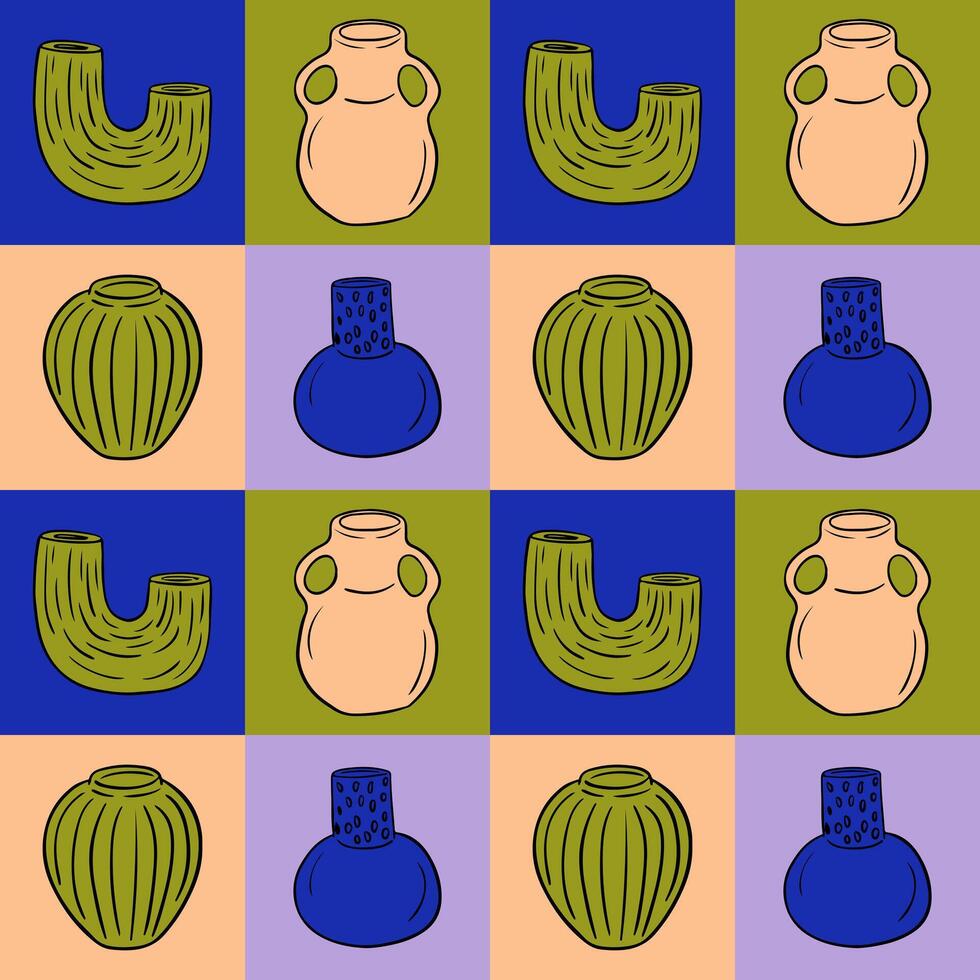 plat audacieux géométrique sans couture modèle avec vases. contraste carrés avec moderne plat coloré vases. unique branché impression conception pour textile, fond d'écran, emballage vecteur