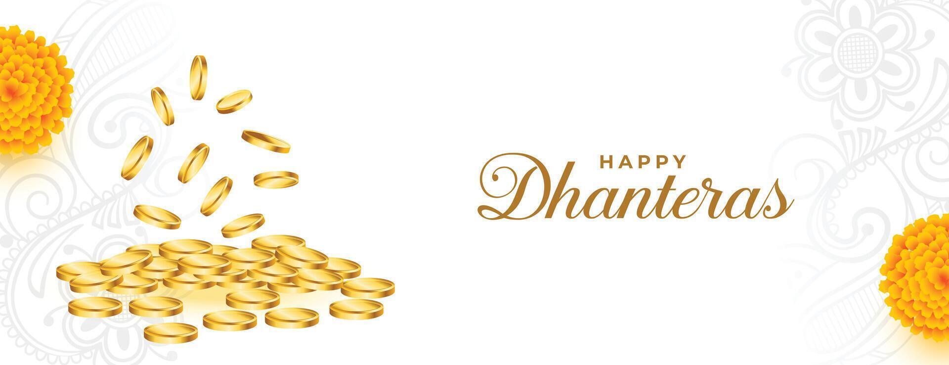 content dhanteras salutation bannière esprit d'or pièce de monnaie et fleur conception vecteur