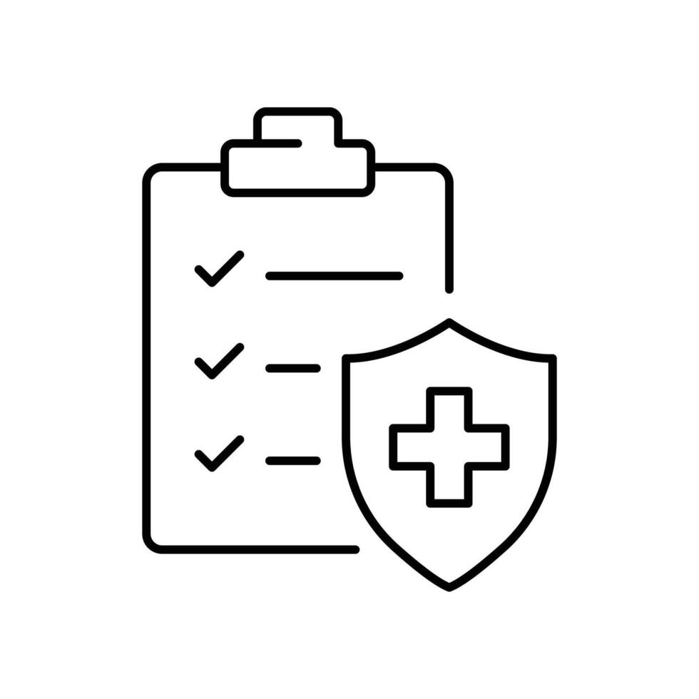 hôpital diagnostique document icône. Facile contour style. presse-papiers avec bouclier, santé diagnostic, assurance, médical concept. mince ligne symbole. vecteur illustration isolé.