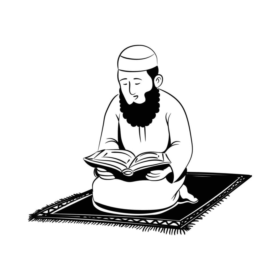 musulman en train de lire coran, vecteur main tiré illustration