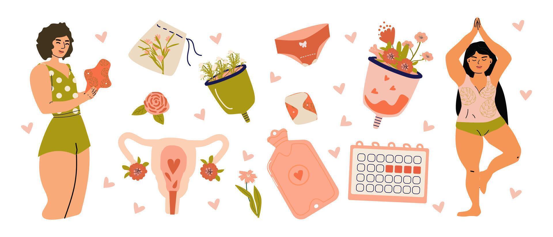 femelle en bonne santé concept de menstruel réutilisable équipement. vecteur illustration de femmes, calendrier, plus chaud, menstruel tasse, reproducteur système, culotte et fleurs, feuilles.