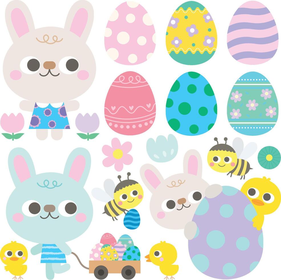 Pâques et printemps ensemble avec mignonne lapins poulets et Pâques des œufs vecteur illustration