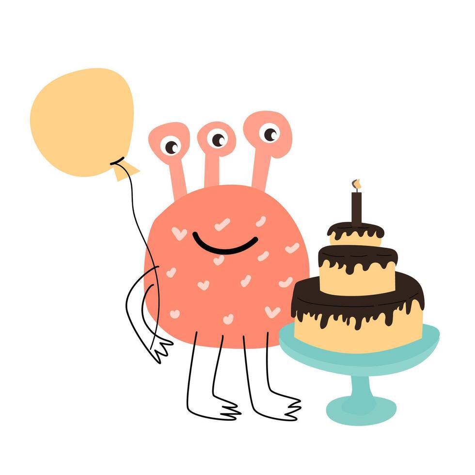 mignonne rose monstre avec gâteau pour anniversaire carte vecteur