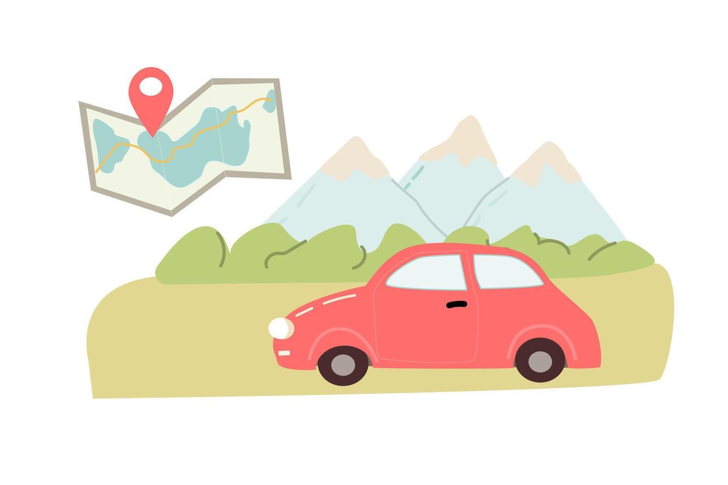 Voyage dans voiture avec GPS été vacances concept dans été. vecteur illustration isolé. montagnes.