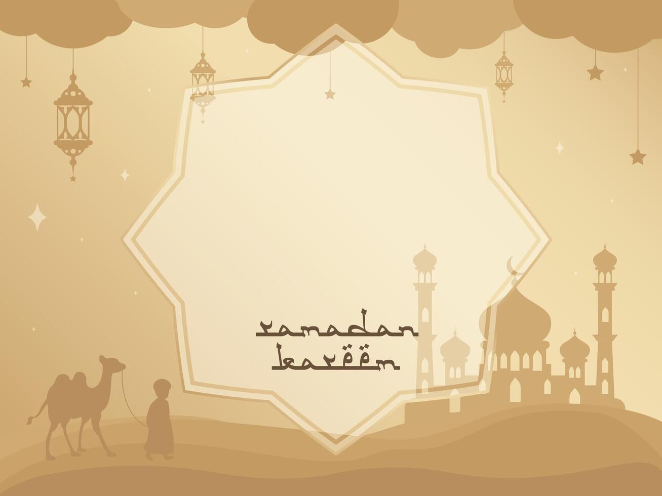 Ramadan kareem copie espace conception avec lanternes, mosquée et chameau. vecteur carte, invitation, salutation, bannière