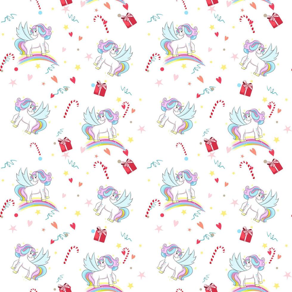 mignonne Licorne avec arc en ciel et confettis, cadeaux et bonbons. sans couture modèle pour les enfants vêtements, fond d'écran, emballage papier. vecteur