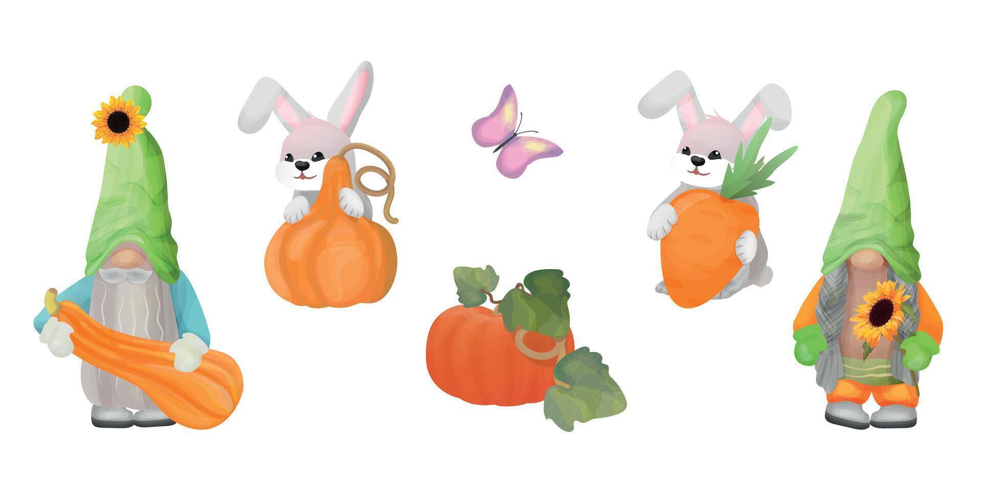 tomber ensemble. mignonne gnomes avec lapins et citrouilles pour l'automne conception. vecteur illustration sur blanc Contexte.