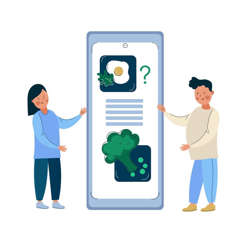 mobile application pour calorie compte. idée de en bonne santé nutrition et repas portion. fille compte calories avec téléphone intelligent app vecteur