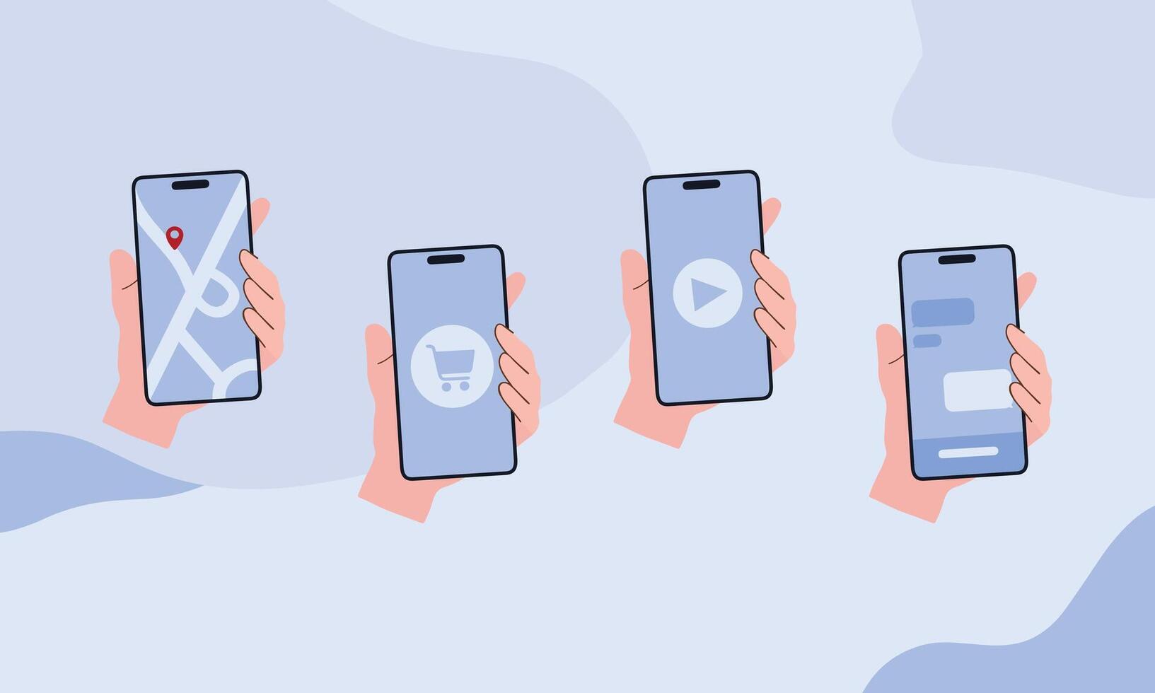 ensemble de mains en portant les smartphones avec différent les fonctions. Plans, SMS, en ligne achats, vidéo streaming, social la mise en réseau concept. main tiré vecteur illustration pour mobile application, la toile conception