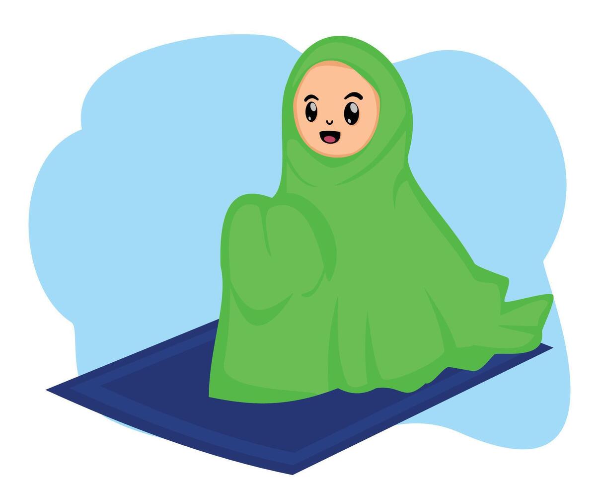 musulman fille enfant séance sur le prière couverture tandis que prier vecteur
