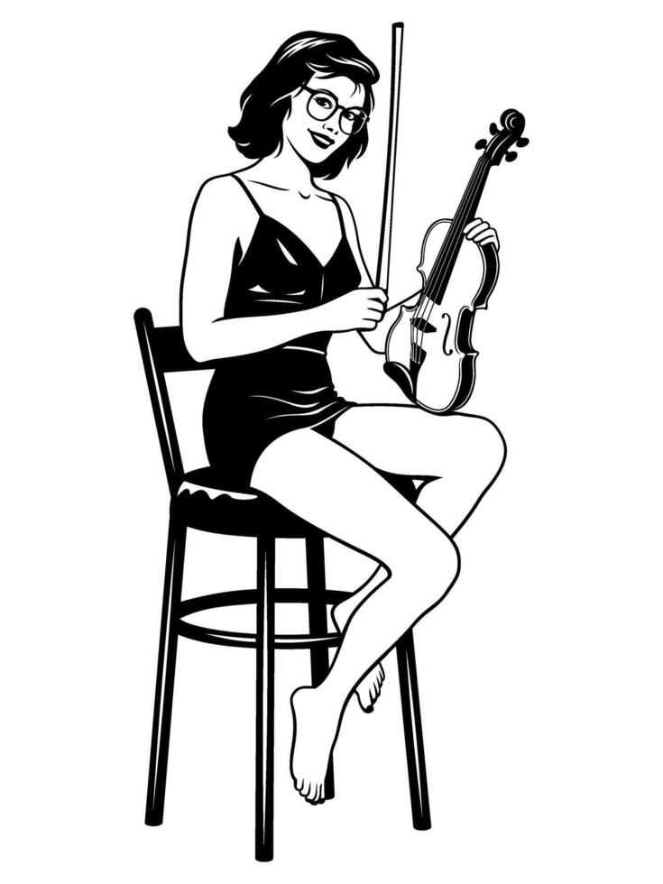 fille dans des lunettes et court robe avec violon séance sur une chaise. noir et blanc épingle en haut style vecteur clipart.