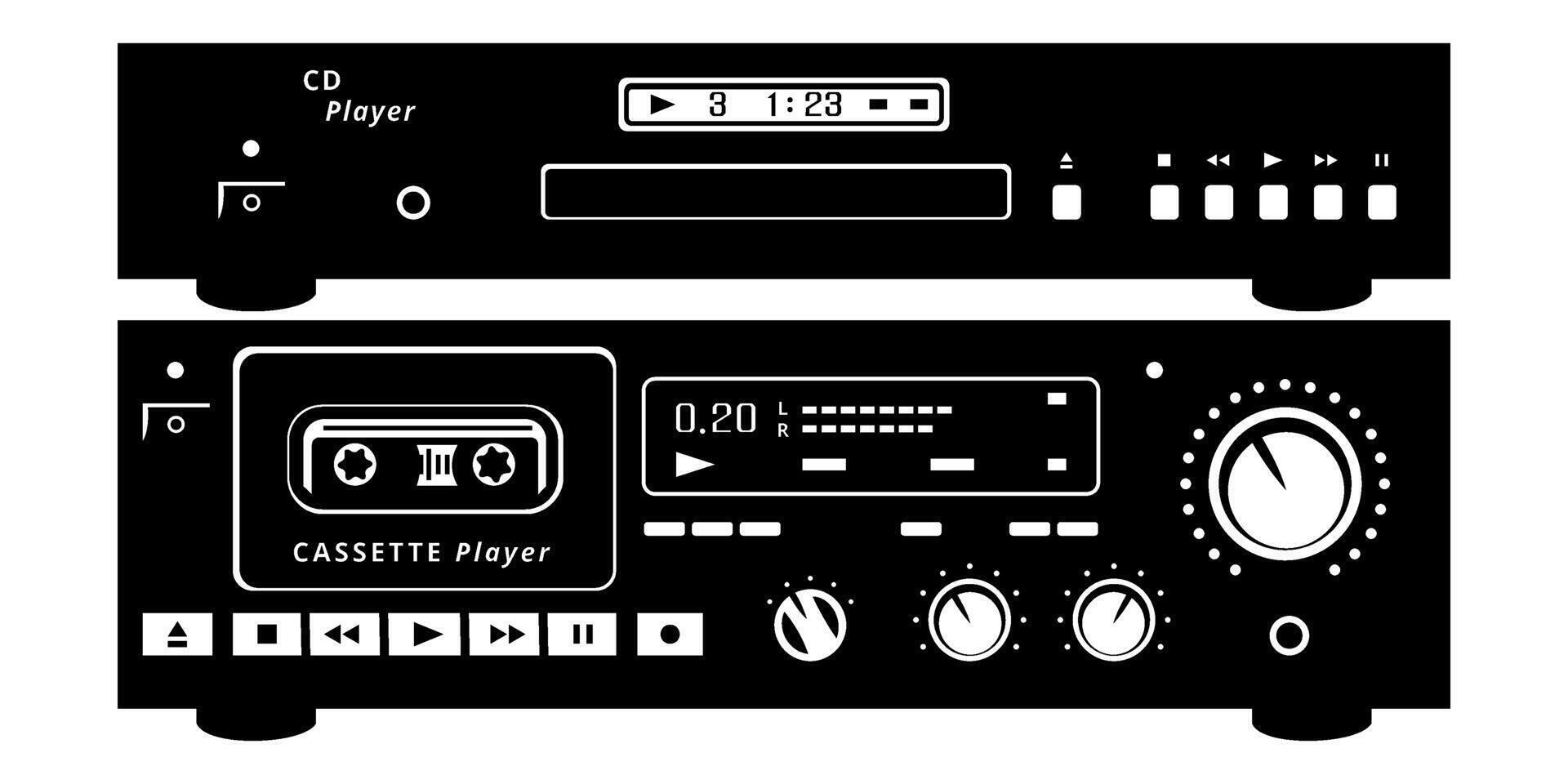 l'audio cassette joueur et CD joueur silhouettes. ancien analogique l'audio équipement. vecteur cliparts isolé sur blanche.