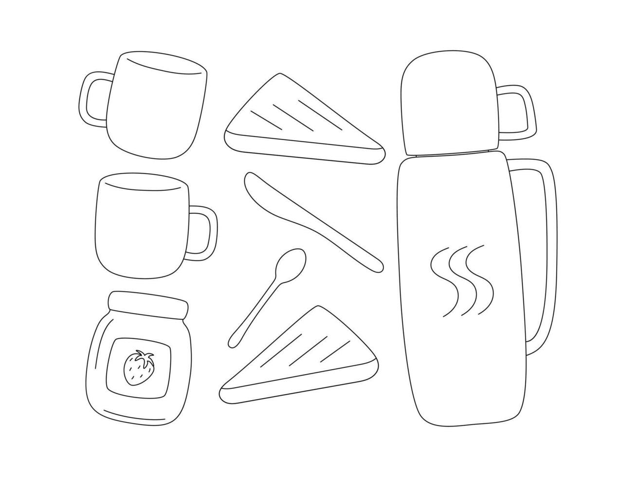 contour vecteur éléments pour pique-nique, camping et randonnée. Voyage thermos avec chaud boisson et tasses. griller, tranches de pain et pot de fraise Confiture. ensemble de linéaire objets isolé sur blanc Contexte