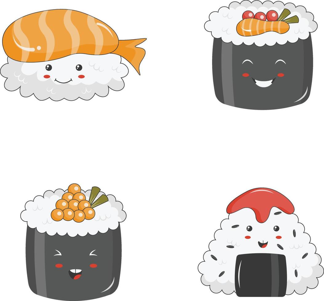 kawaii Sushi illustration sur blanc Contexte. dessin animé personnage collection. vecteur