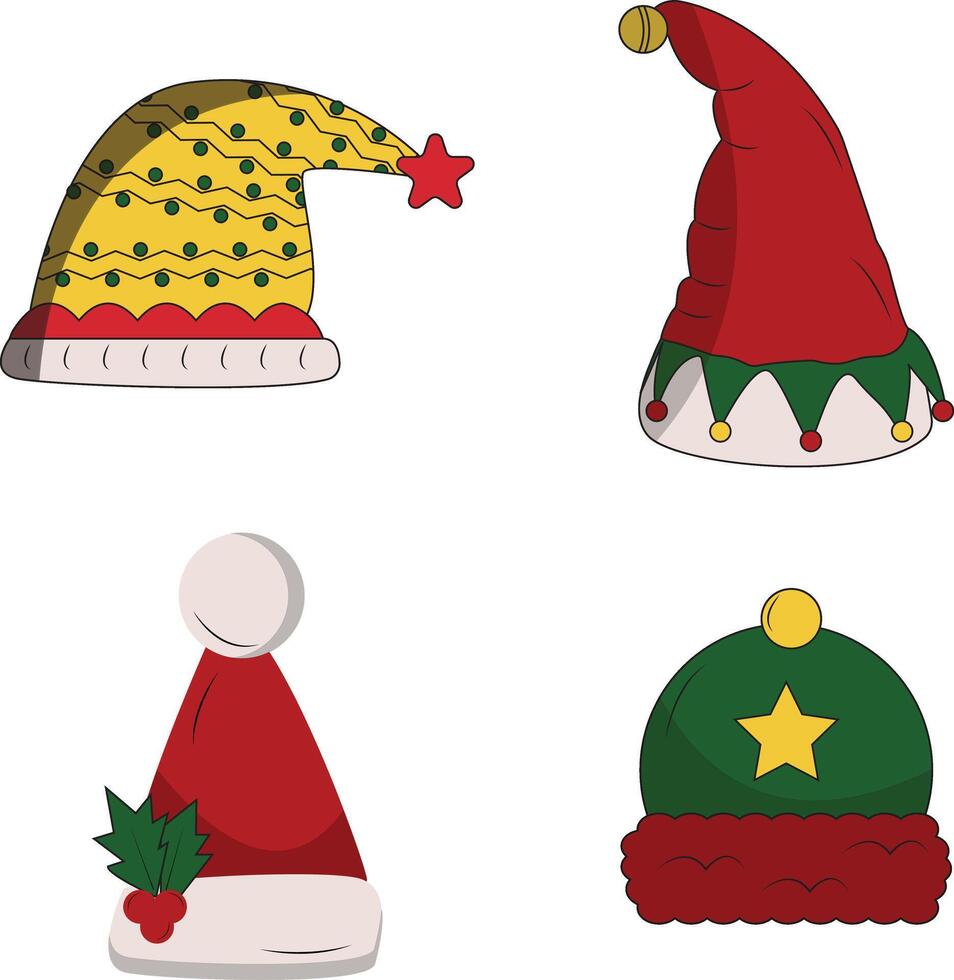 collection de différent Noël Père Noël chapeau. avec Facile dessin animé conception. vecteur illustration