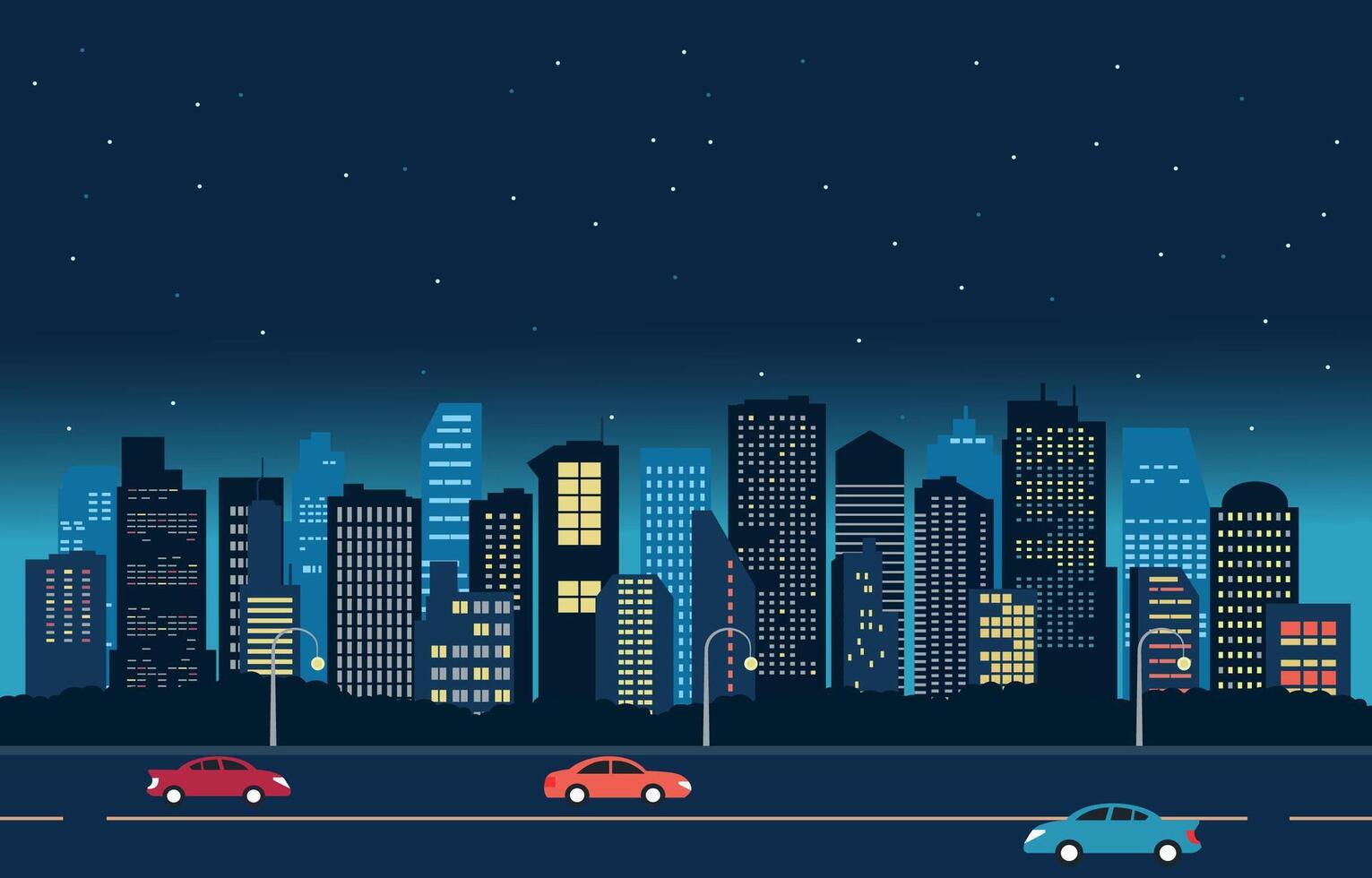 Autoroute rue dans ville à nuit avec grattes ciels bâtiment plat conception illustration.eps vecteur