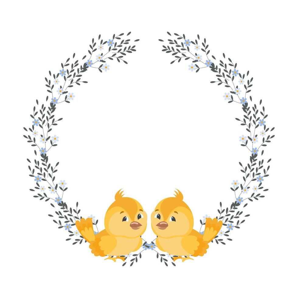 cadre de petites fleurs et feuilles éparses avec de petits poulets mignons. cadre de pâques, illustration de printemps, vecteur