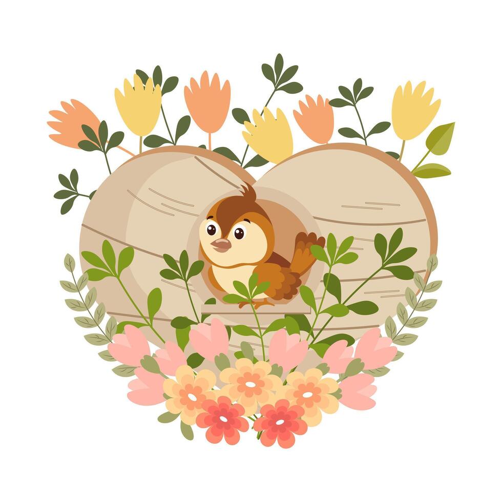 mignonne nichoir avec des oiseaux, décoré avec fleurs et feuilles. printemps agrafe art dans plat dessin animé style. printemps vacances illustration. vecteur