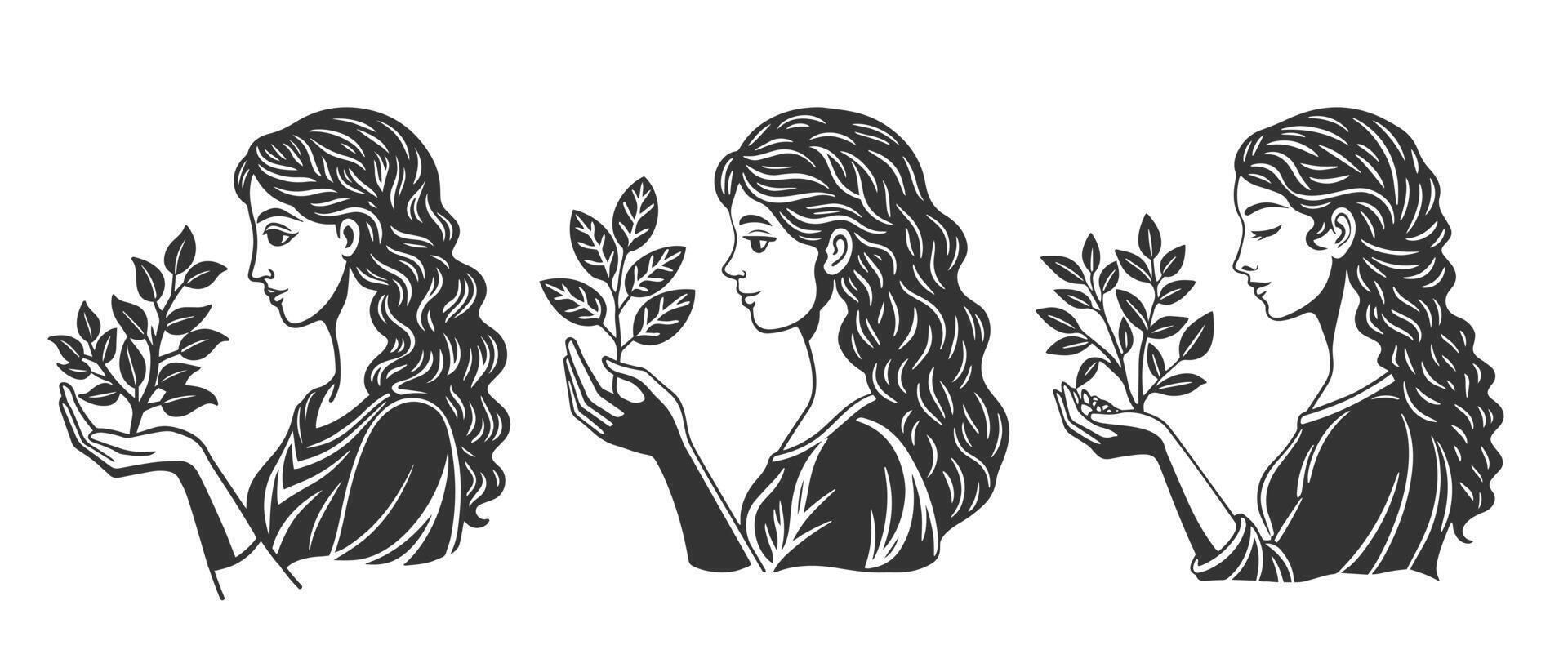 femme en portant croissance arbre, mental santé, soi se soucier ou jardinage. logo ensemble. noir et blanc silhouettes. vecteur