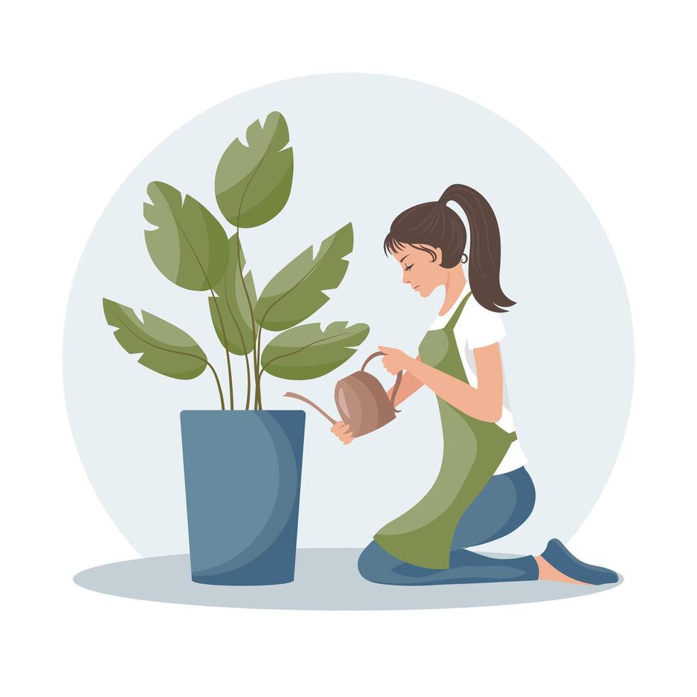 femme avec une arrosage pouvez et une maison plante dans une pot. plante se soucier. printemps illustration, vecteur