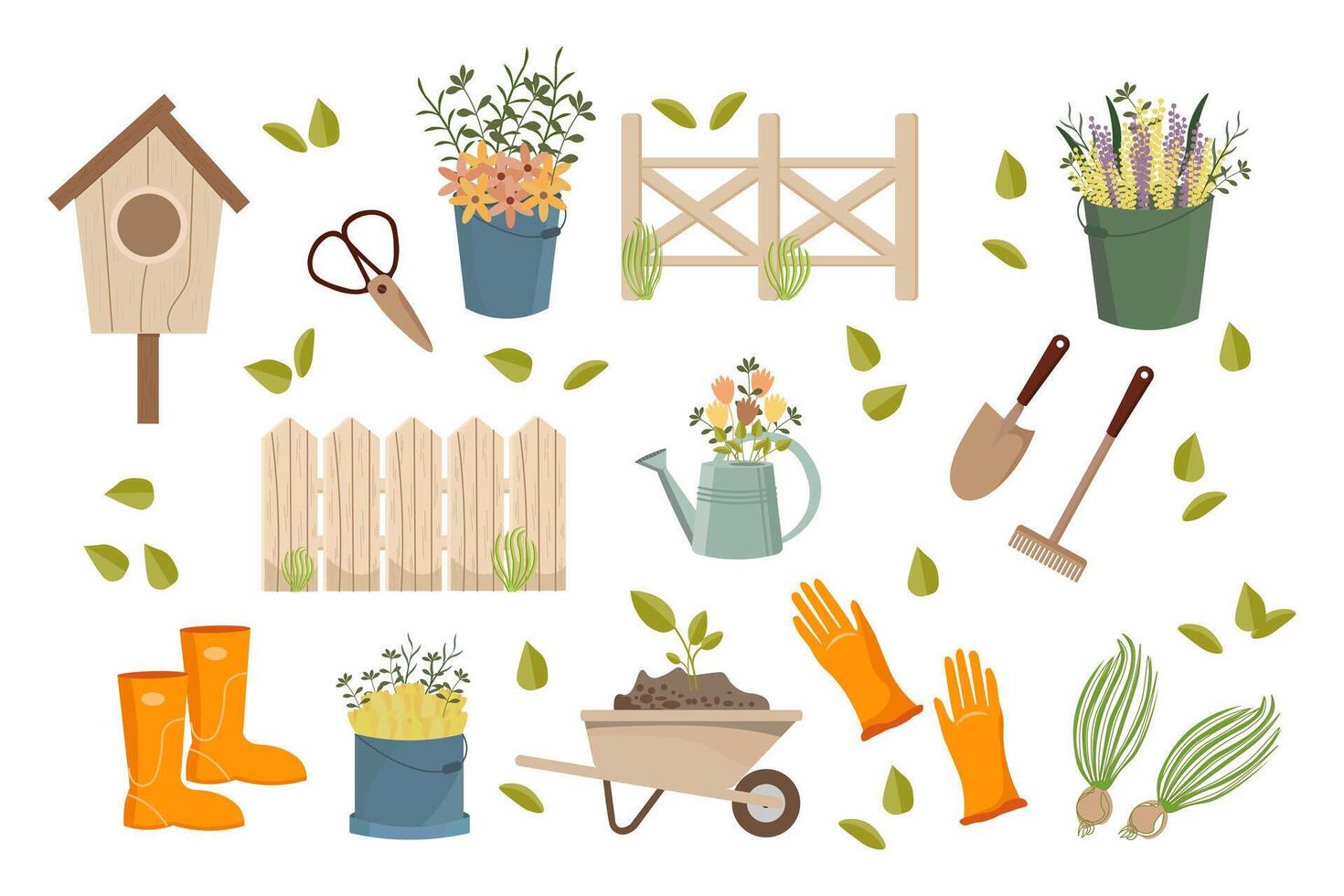 jardinage ensemble, jardin brouette, pelle, râteau, bottes, gants, arrosage peut, nichoir, en bois panneaux. Icônes, printemps illustration, vecteur