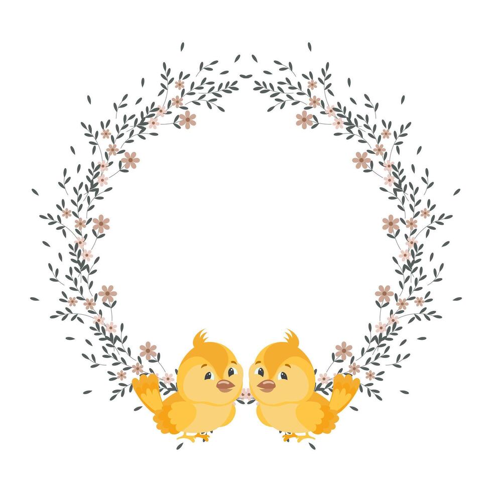 cadre de petites fleurs et feuilles éparses avec de petits poulets mignons. cadre de pâques, illustration de printemps, vecteur