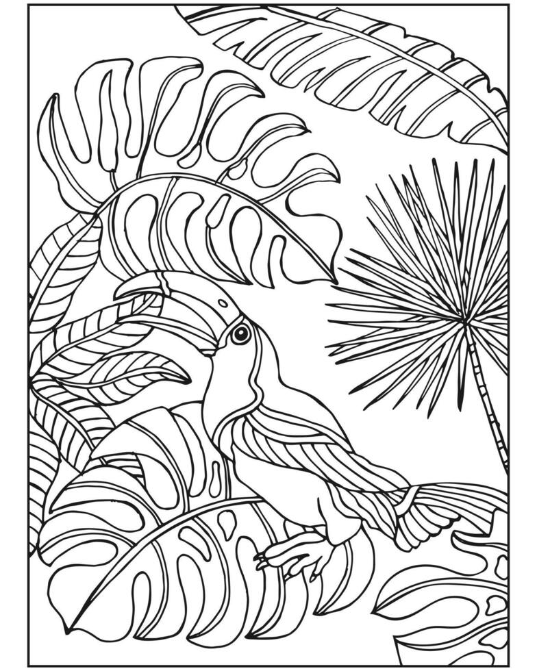 coloration livre pour les enfants et adultes, perroquet oiseau sur une Contexte de tropical feuilles. illustration, esquisser, vecteur