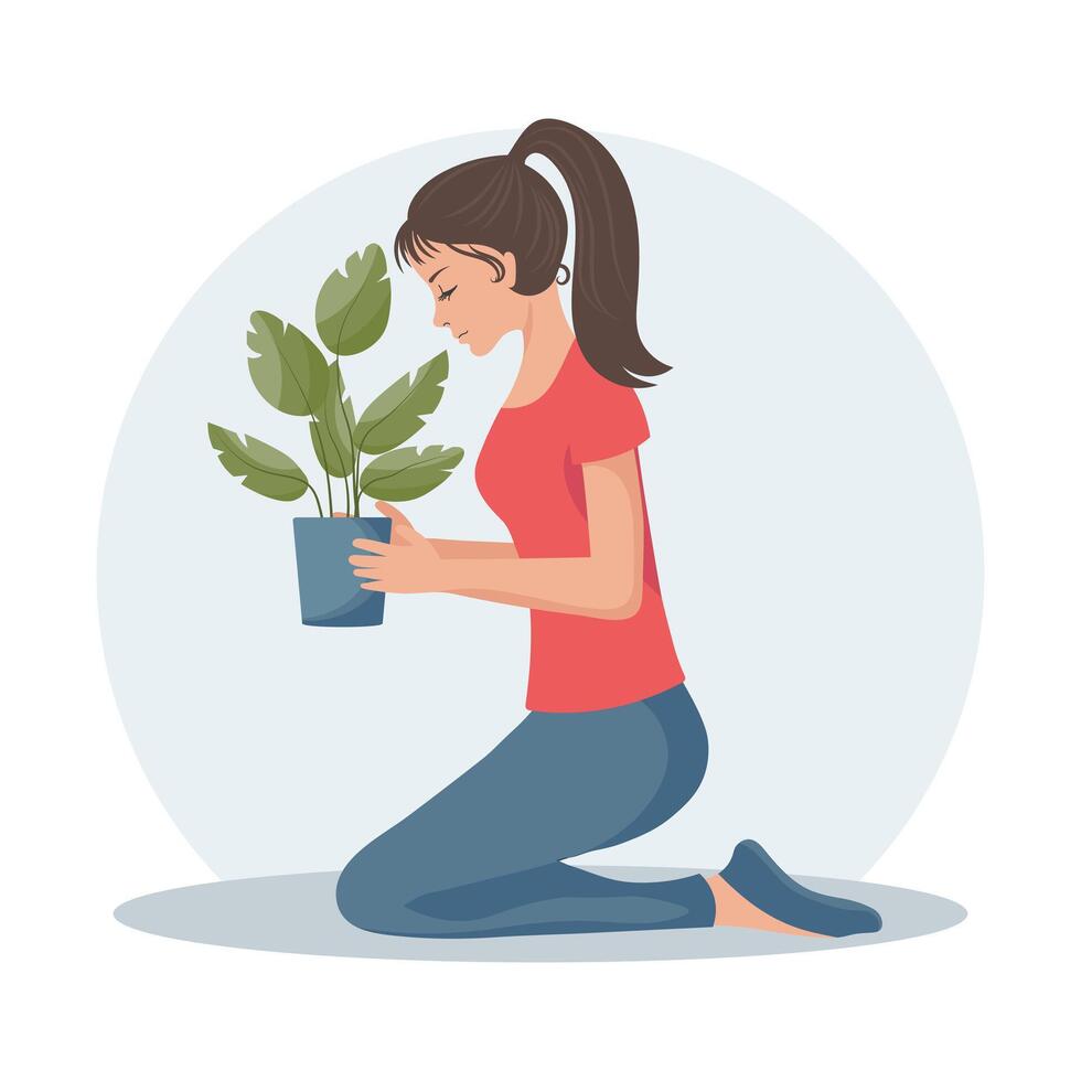 femme avec une arrosage pouvez et une maison plante dans une pot. plante se soucier. printemps illustration, vecteur