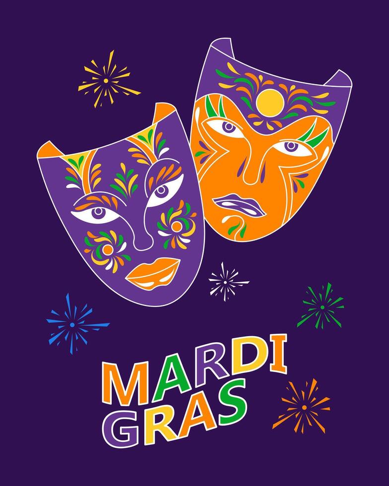 masques de carnaval colorés et feux d'artifice, mardi gras. illustration, bannière, affiche, vecteur