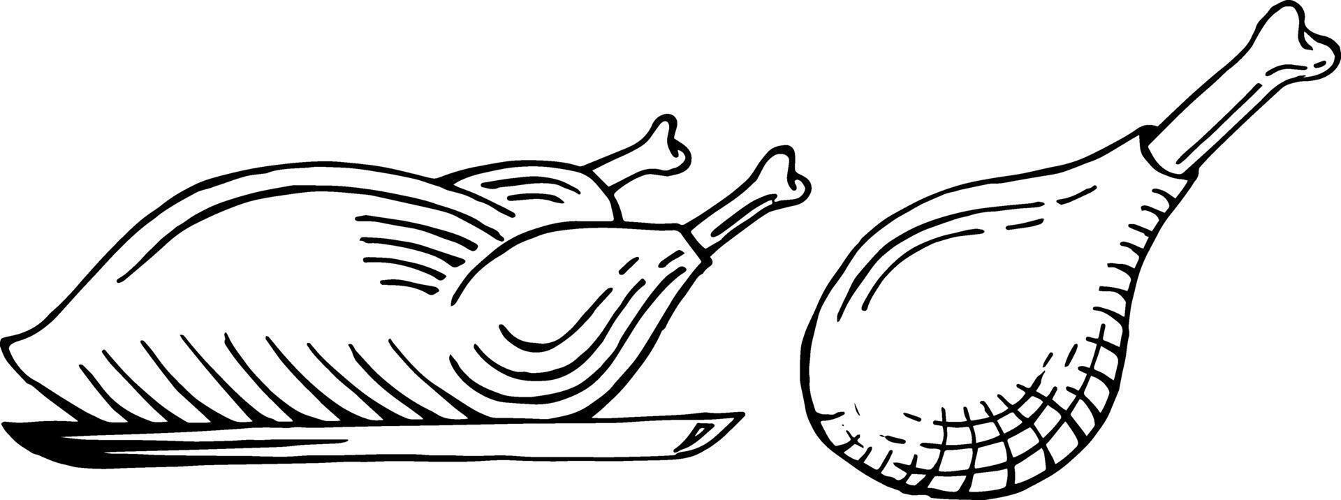 main tiré rôti poulet plat vecteur illustration