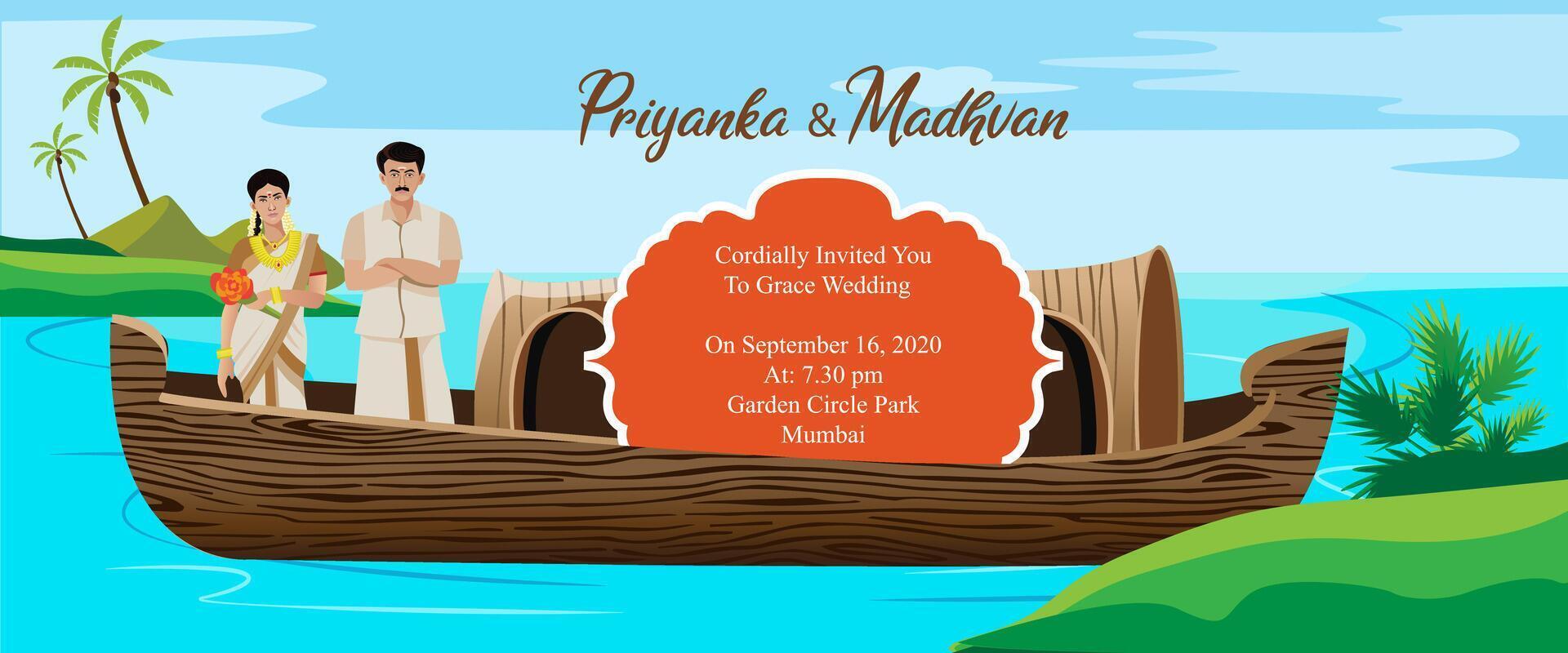 Indien Kerala mariage carte invitation conception modèle avec bateau maison vecteur
