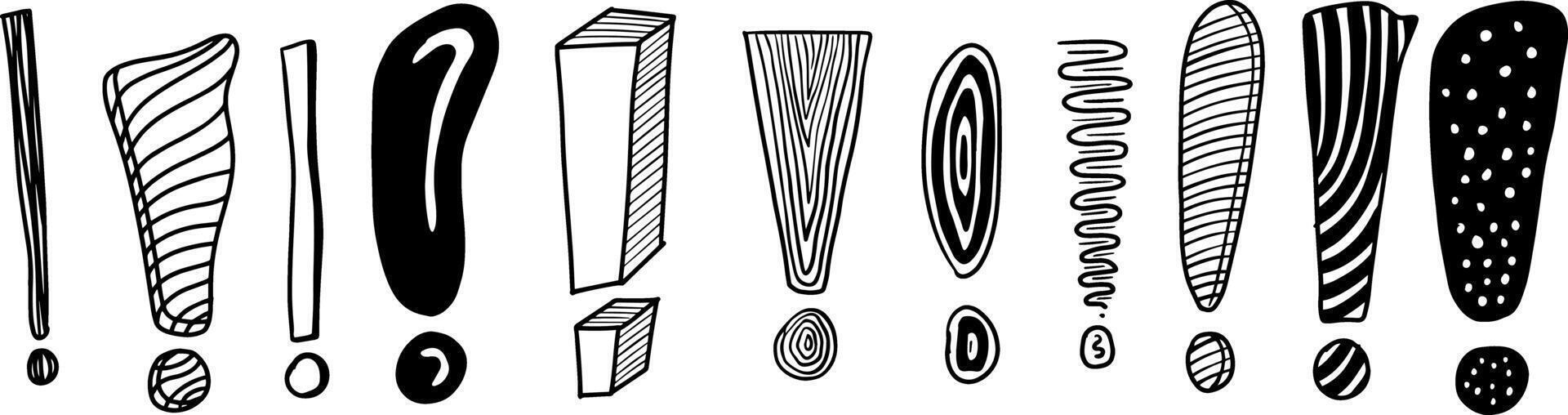 ensemble de main tiré exclamation marque griffonnages sur blanc Contexte isolé, dessin animé vecteur typographie,