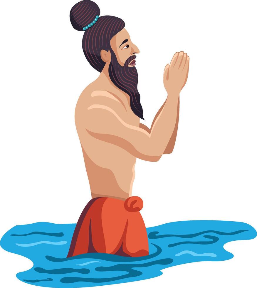 spirituel sadhu prier dans rivière isolé vecteur