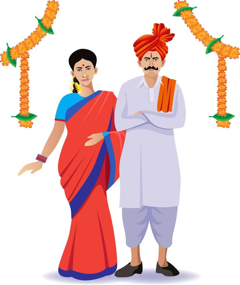 Indien - maharastrienne couple homme et femme permanent dans traditionnel robe vecteur