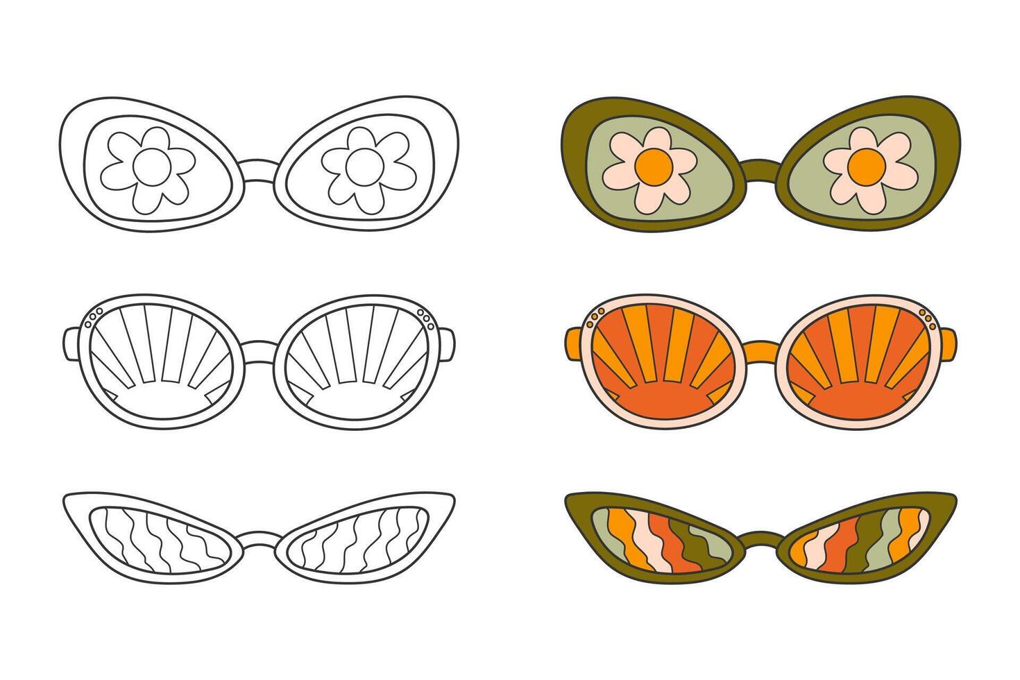 mignonne coloration page, Années 70 style hippie des lunettes de soleil. ancien rétro couleurs et contour griffonnage éléments sur blanc arrière-plan, Facile illustration pour les enfants. impression avec Marguerite, Soleil et vagues. vecteur