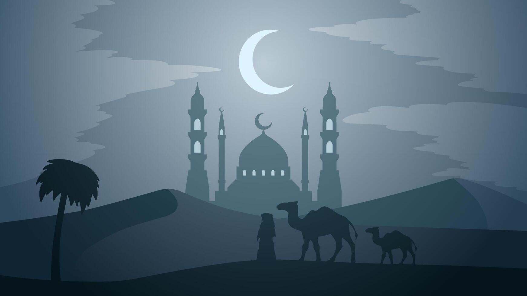 Ramadan paysage vecteur illustration. mosquée silhouette à nuit avec chameau et musulman dans désert. mosquée paysage pour illustration, Contexte ou Ramadan. eid mubarak paysage pour Ramadan un événement