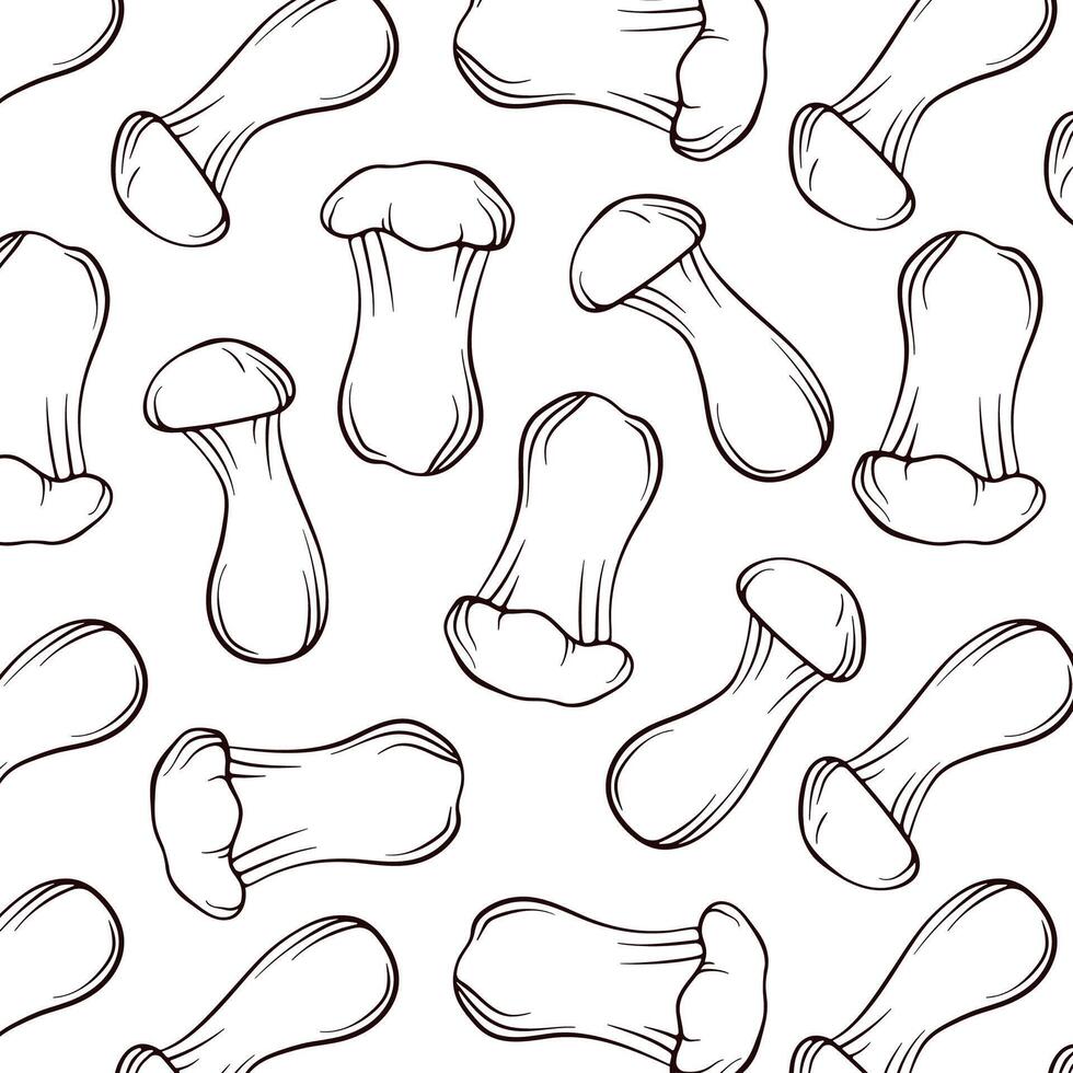 comestible Roi trompette huître champignons sans couture modèle dans ligne art style. conception pour emballage papier, fond d'écran, textile, menu restaurant. vecteur illustration sur une blanc Contexte.